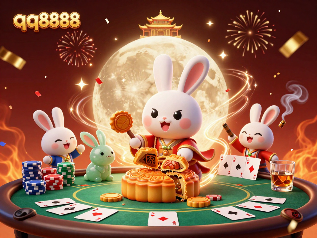 Engage in thrilling gameplay at qq8888 with a captivating scene of a moon rabbit revealing poker chips