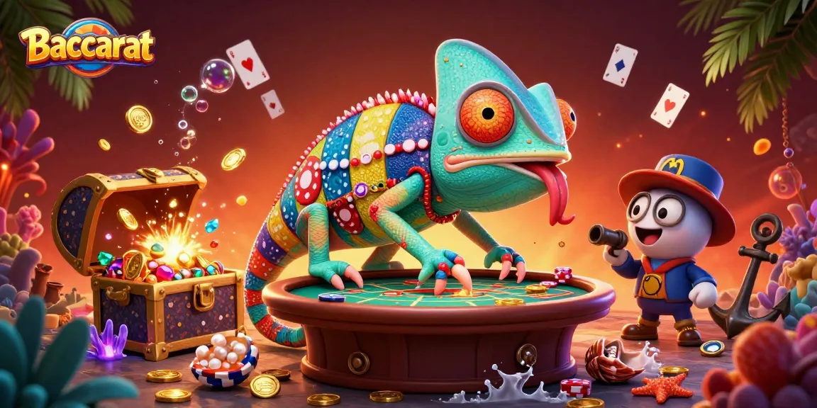 Baccarat gameplay scene showcasing a chameleon casino owner and floating cards, immersing players in the casino experience