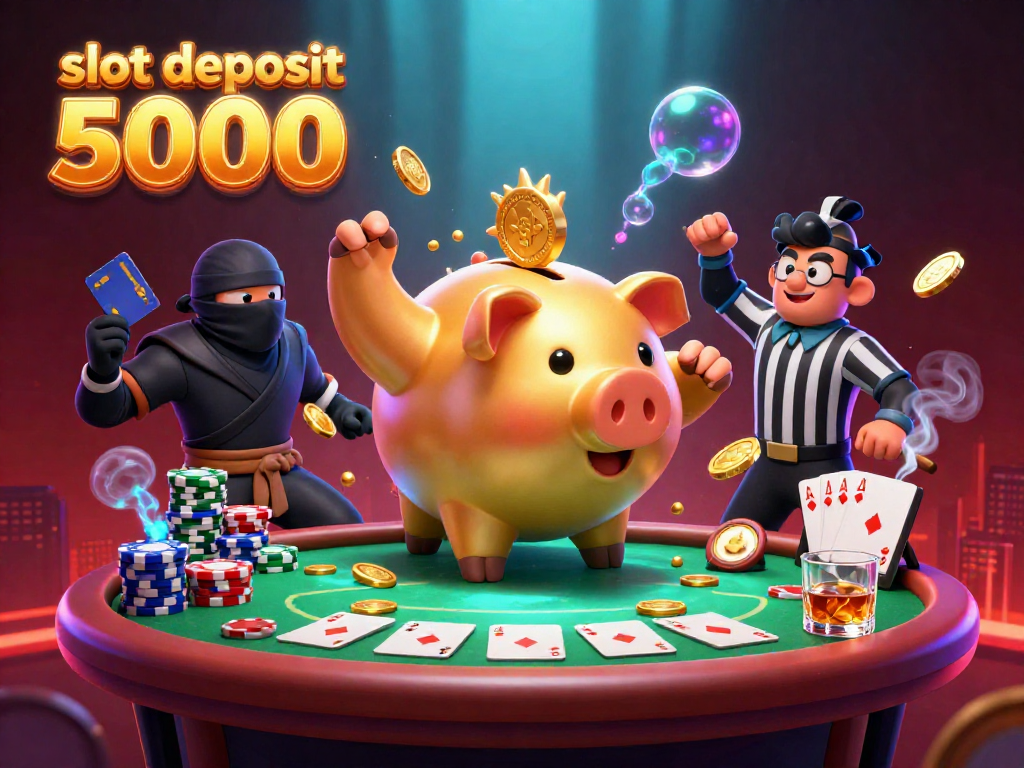 Engage in thrilling gaming action with the slot deposit 5000 illustrated as golden coins rain down in a casino scene.