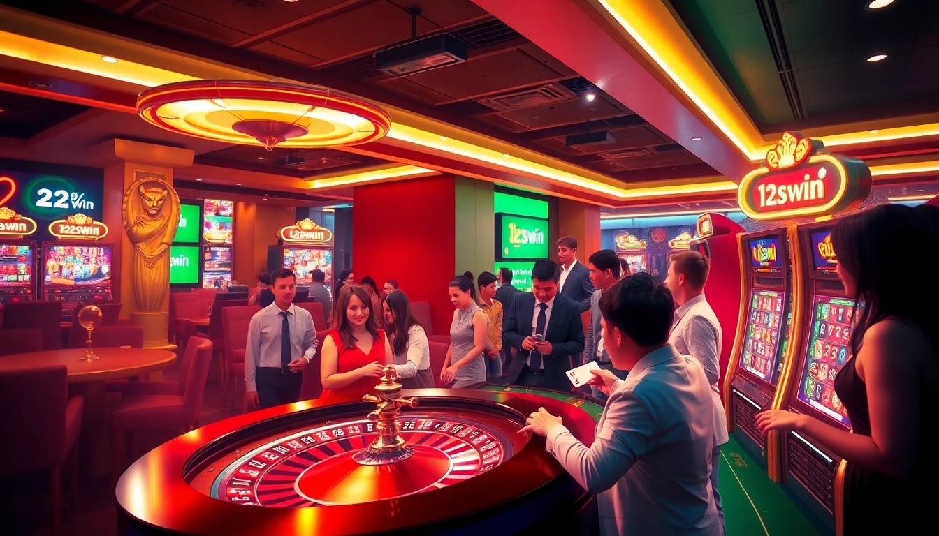 Exciting gaming atmosphere at 123win online casino featuring vibrant slot machines and a roulette wheel.