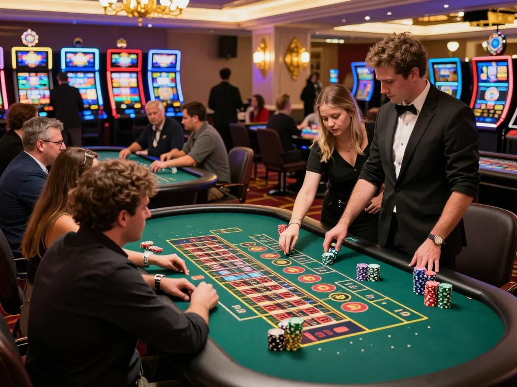 Pemain bersemangat terlibat dalam permainan roulette foya888 di lantai kasino yang meriah.