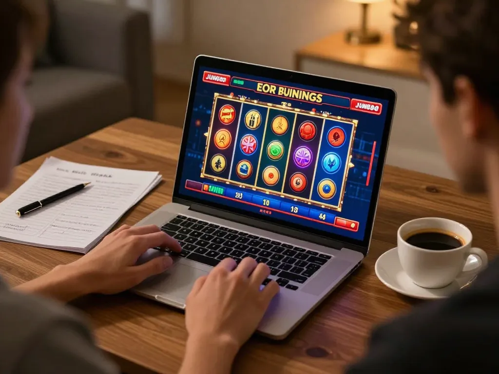 Online player enjoying dynamic slot games at jun88pl in a cozy home office setting.
