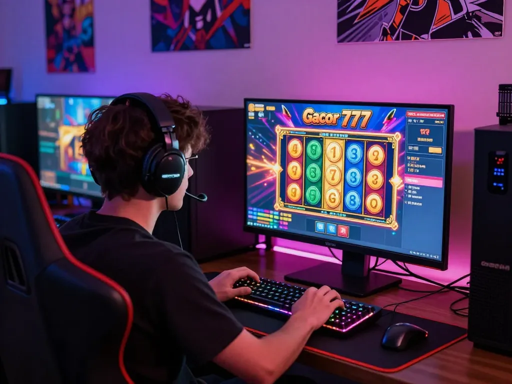 Engaging player focused on slot gacor 777 game on a computer screen with gaming accessories and vibrant LED lighting.