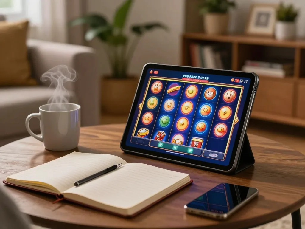 Spin vibrant slot online reels in a cozy home gaming environment with strategic notes and coffee.