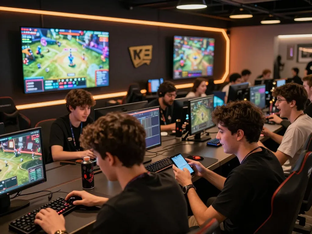 Engaged players participating in esports betting Singapore, using mobile devices in a lively gaming lounge.