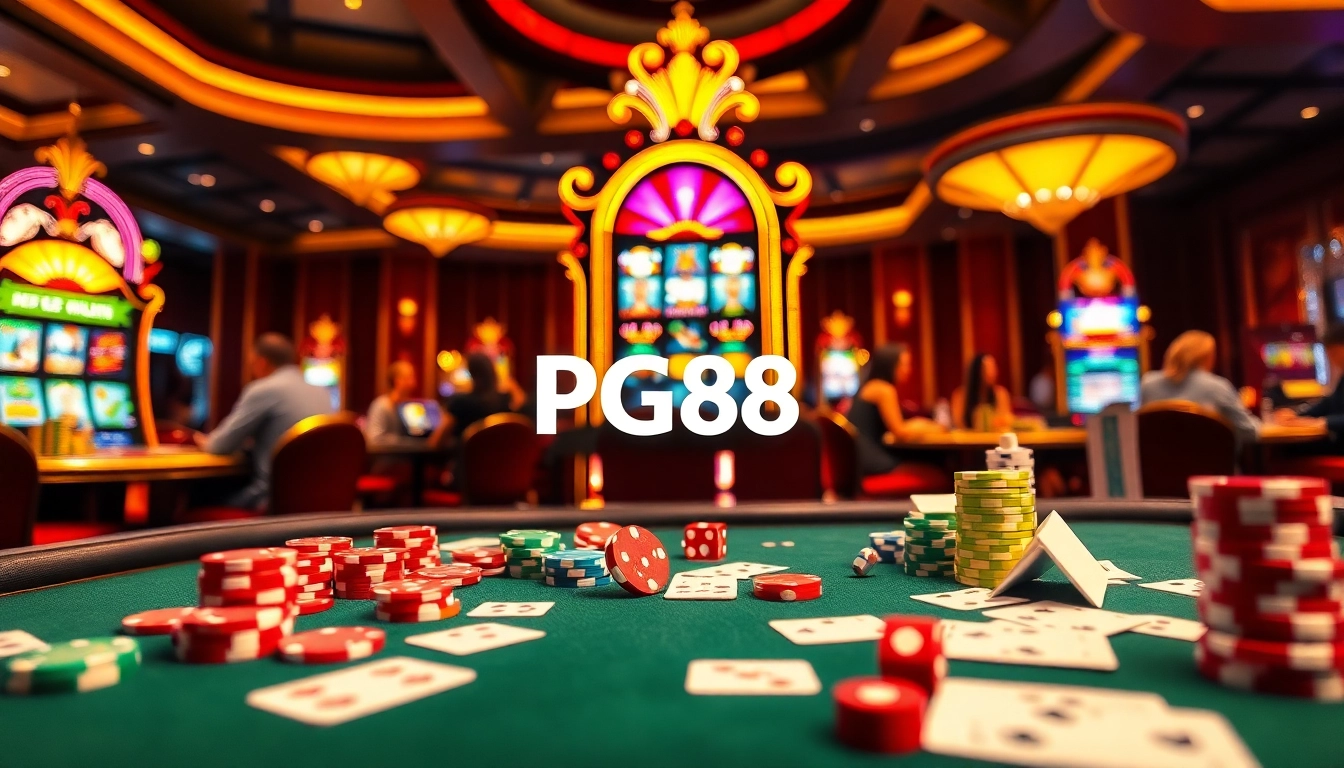 Exciting scene of PG88 casino gaming table with poker chips, cards, and a glowing slot machine.
