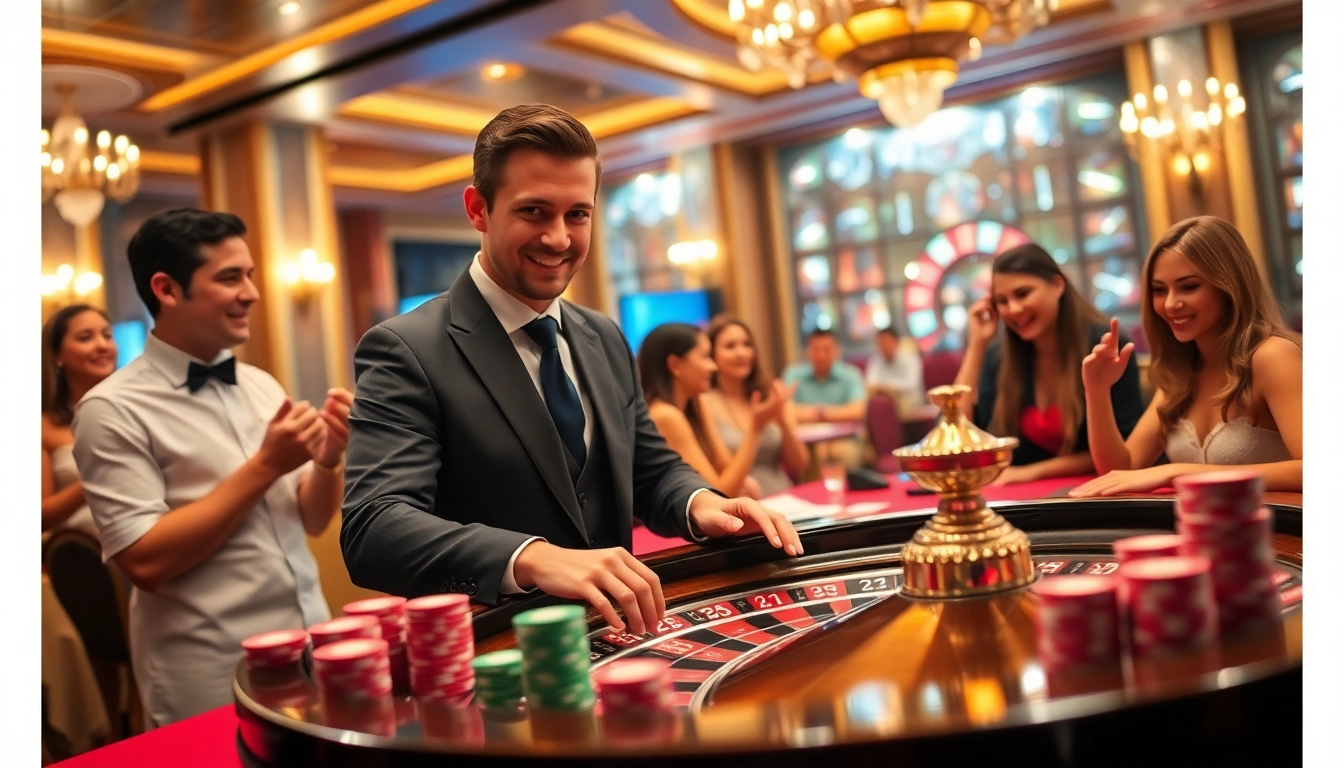 Situs toto menampilkan dealer profesional di meja roulette dengan pencahayaan cerah.