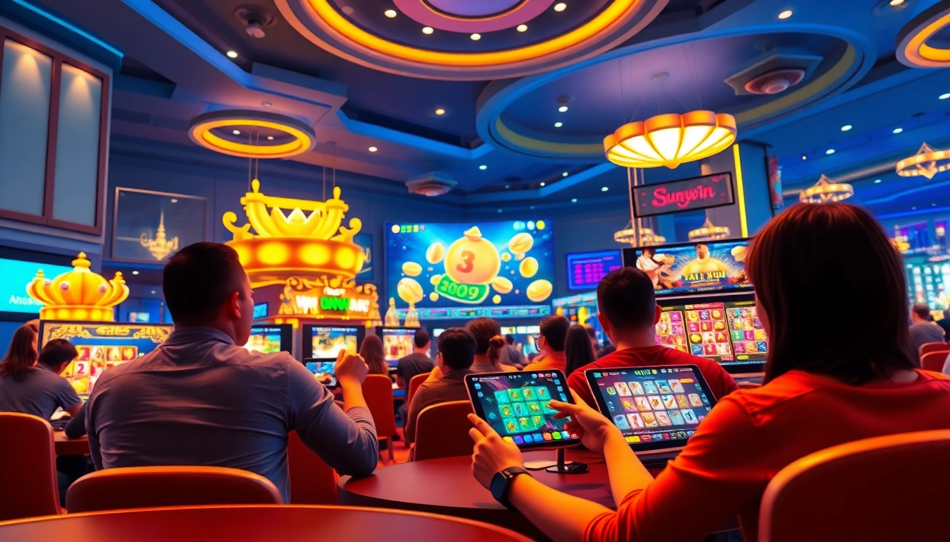 Engaging scene of players enjoying online games at https://sunwinw.com/, showcasing Tài Xỉu and vibrant gaming interfaces.