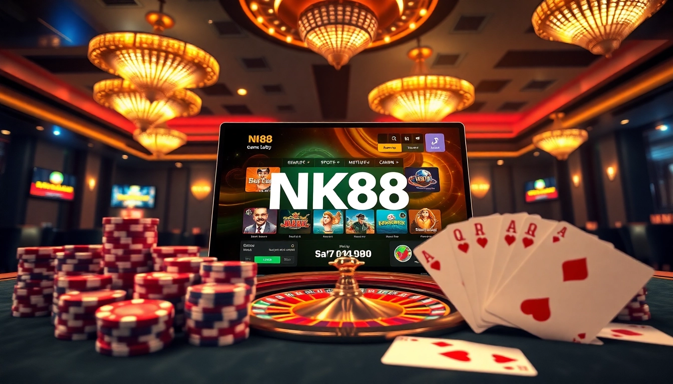 Engaging Game NK88 digital casino interface with vibrant poker chips and roulette wheel illustrating winning action