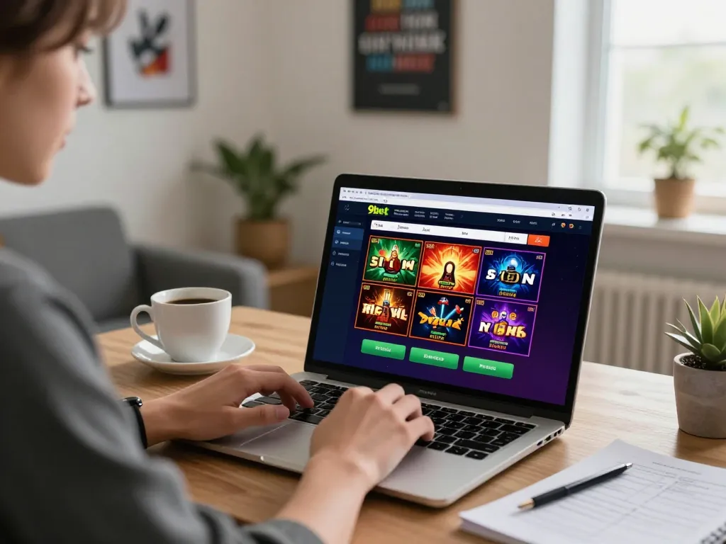 Engaged player experiencing 9bet online casino gaming at home with vibrant display.