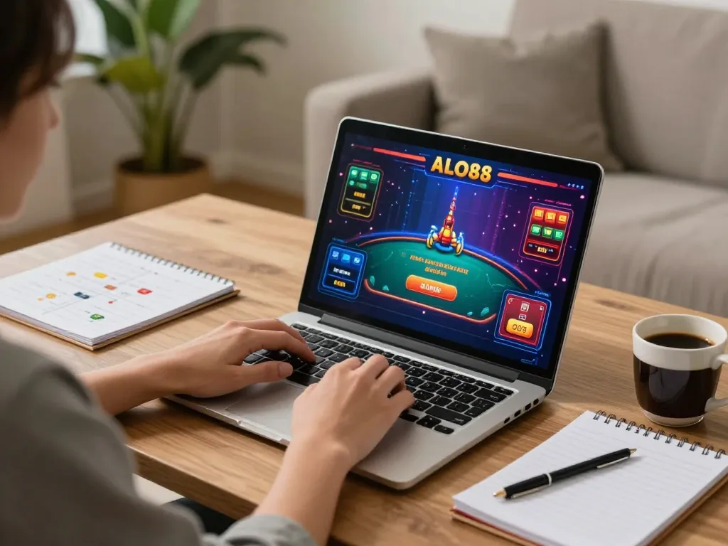 Player enjoying ALO8 online casino games on a laptop in a cozy home setting.