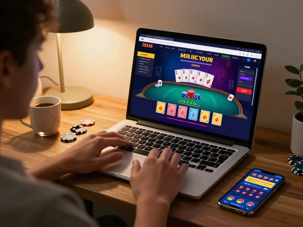 Player engaging in an online casino game with 88aa displayed on their laptop screen, showcasing an exciting gambling atmosphere