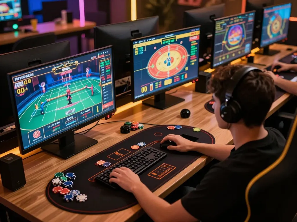 Engaging online gaming setup showcasing to288 with multiple screens and strategic gameplay for gamblers