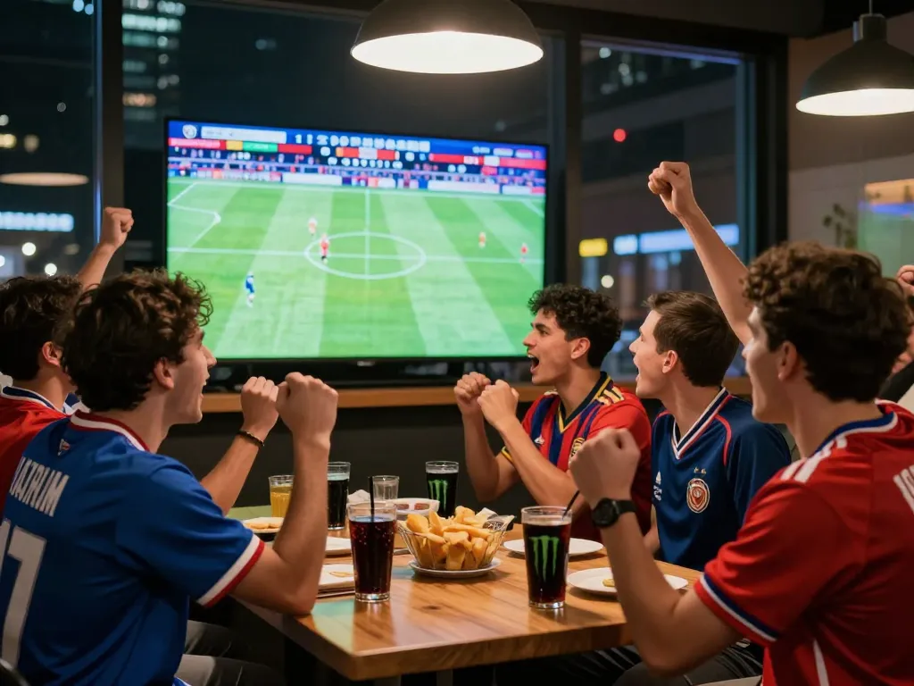 Cá độ bóng đá excitement at a sports bar during a live football match with friends cheering.