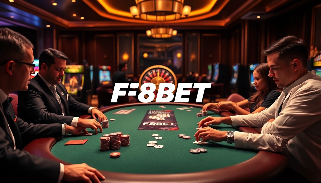 Experience high-stakes poker at F8BET, featuring vibrant casino decor and thrilling gameplay.