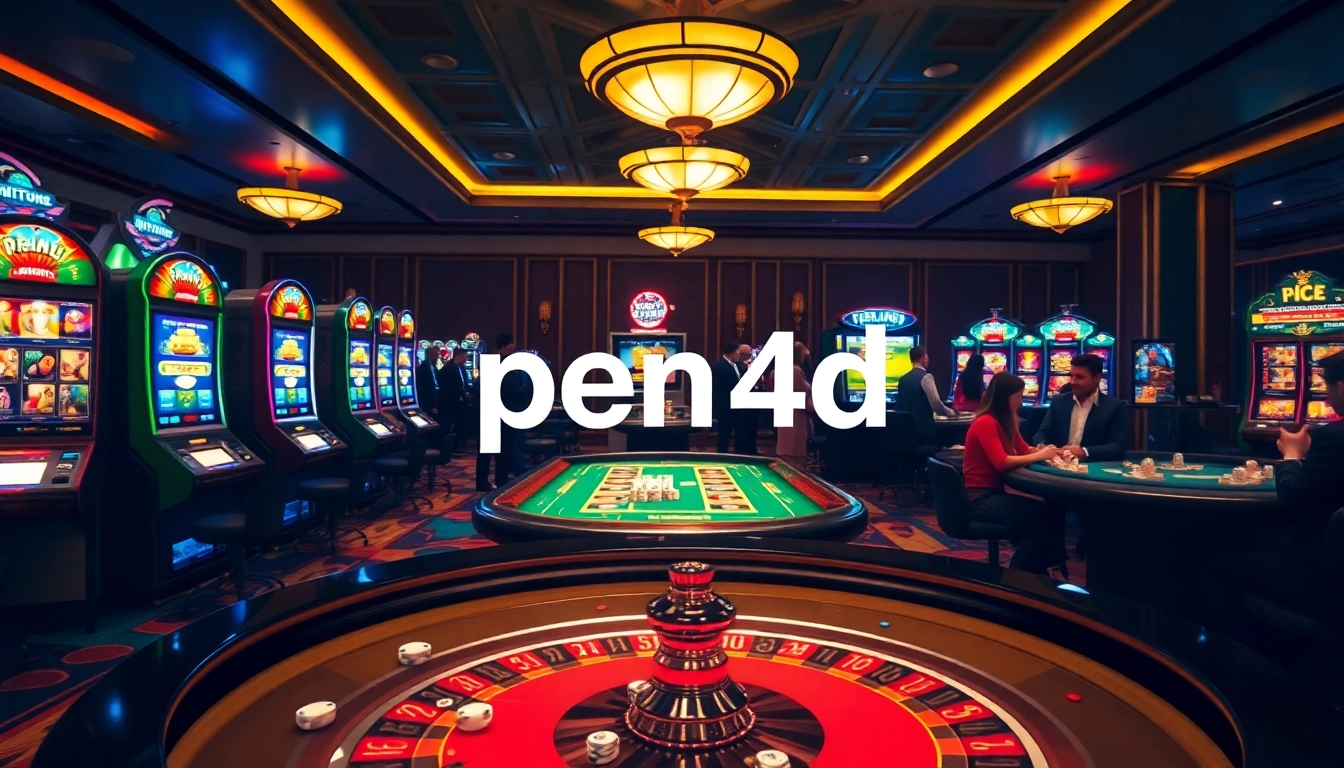 PEN 4D gaming scene with vibrant slot machines and poker tables, capturing the excitement of casino gambling.