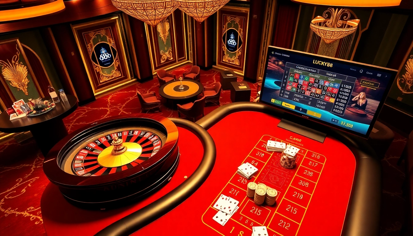 A vibrant scene of gambling action on Trang chủ LUCKY88 featuring roulette, poker, and online betting elements.