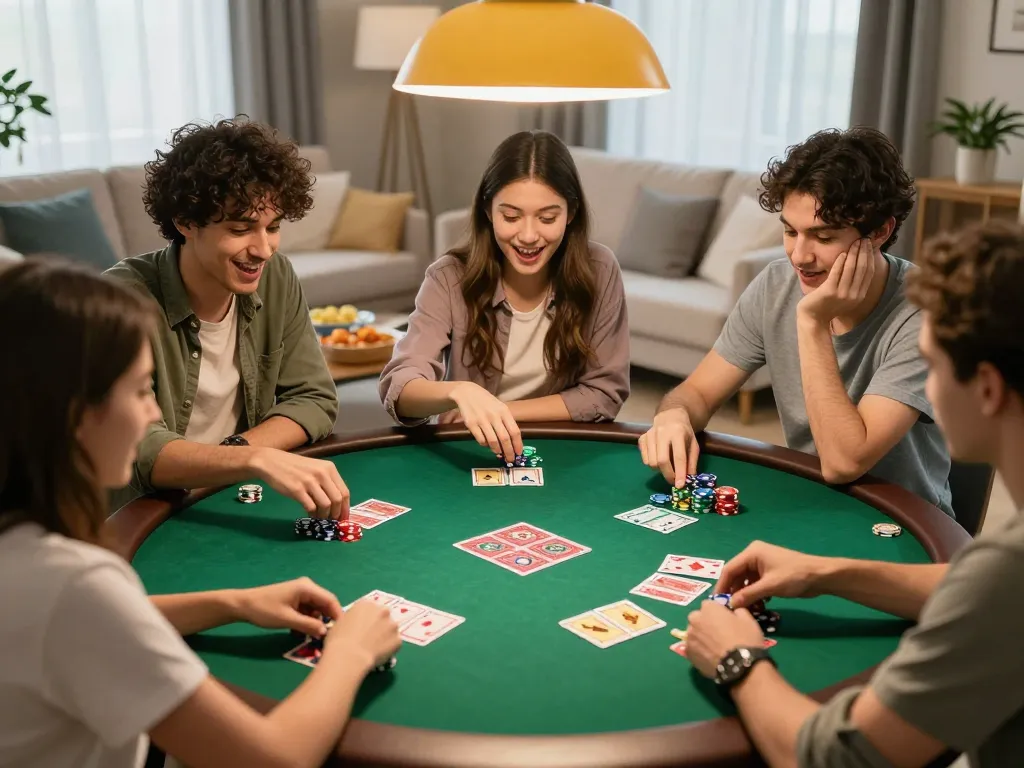 Engaging poker night with friends at home showcasing the excitement of jus77 gaming strategies.