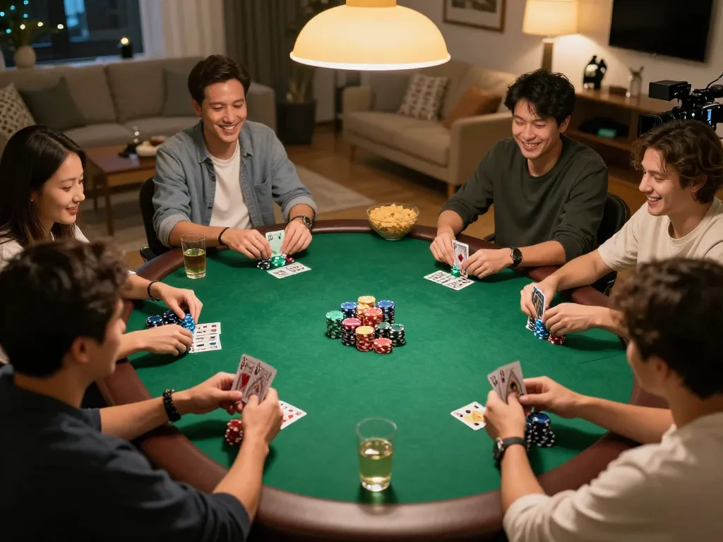 Players engaged in a friendly poker game night at home, centered around betting strategies and excitement, featuring Lc88 vin.