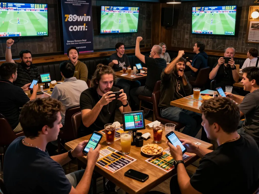 Engaged patrons check betting apps at a lively sports bar featuring 789win. com, showcasing an exciting betting atmosphere.
