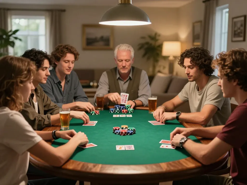 Friends enjoying a lively poker game at home with fabet strategies being discussed over drinks.