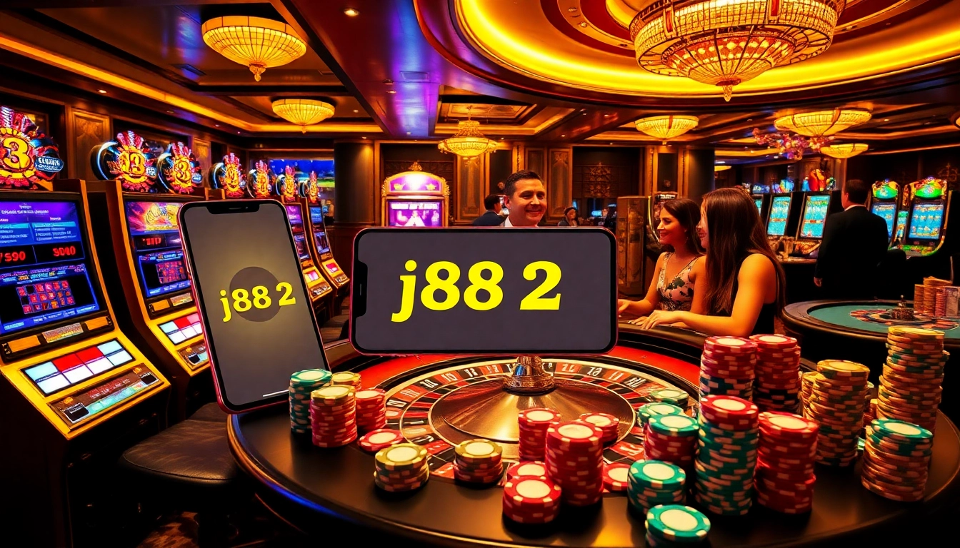 Experience the excitement of j88vip2 with vibrant slot machines and lively card games at a luxurious casino.