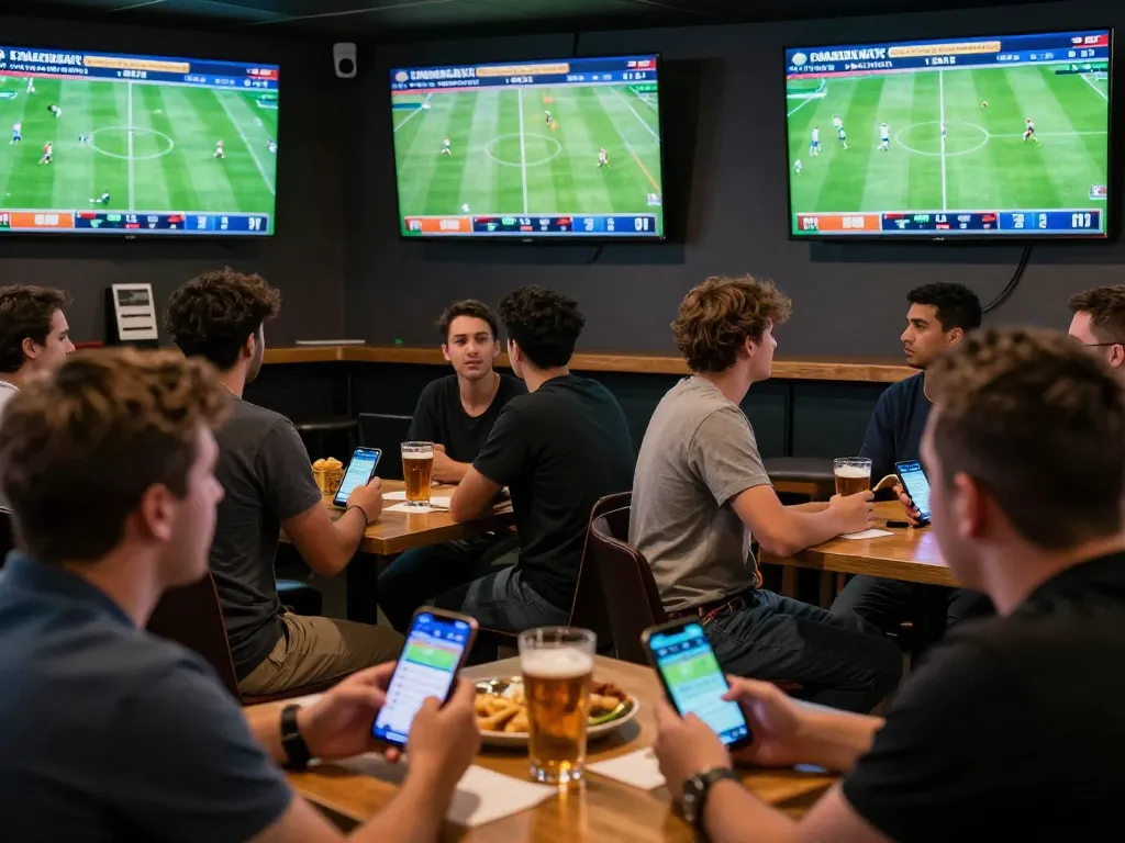 Engaging sports betting scene illustrating tỷ lệ cá cược bóng đá with fans actively placing bets on live matches.