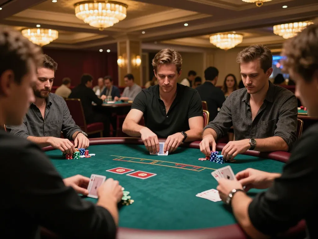 Players at NK88 casino table excitedly placing bets while the dealer shuffles cards, creating an immersive gambling experience.