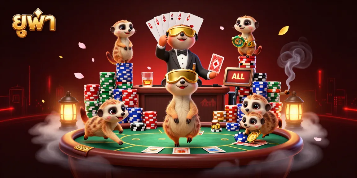Engage with ยูฟ่า's thrilling casino scene featuring meerkats managing an elaborate poker game.