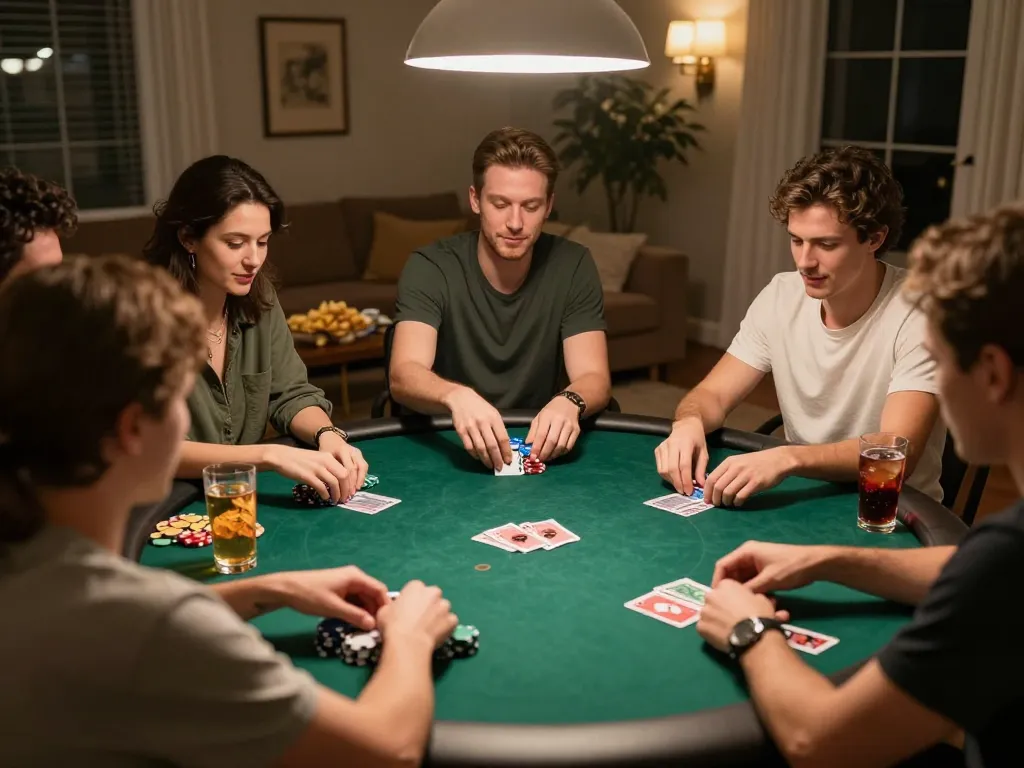 Engaged friends playing poker at home, showcasing the iwin club atmosphere.