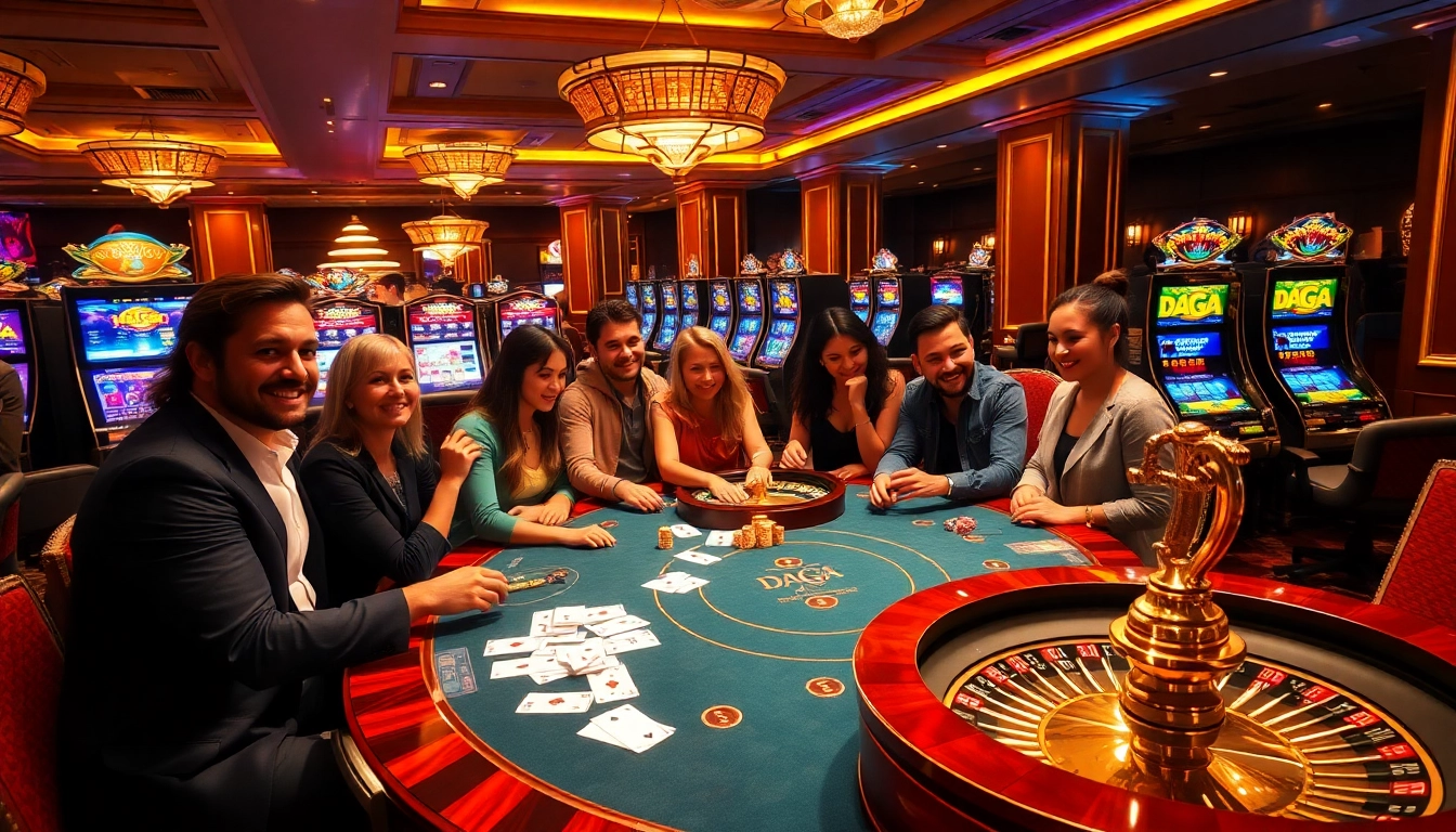 Daga gaming table with excited players, showcasing luxury and excitement in a vibrant casino atmosphere.