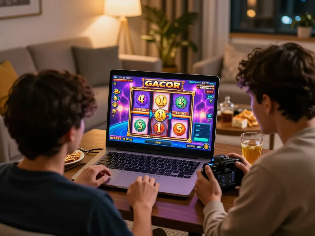 Players enjoying an exciting slot gacor session while gaming online in a cozy living room.
