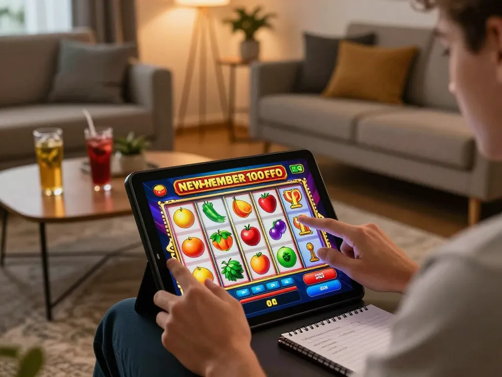 Online player engaged with bonus new member 100 slot machine on a tablet in cozy living room.