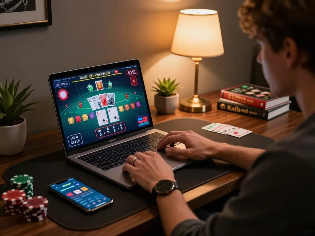 Player engaging with TR88 casino app on laptop, enjoying a live blackjack session in a cozy home setup.