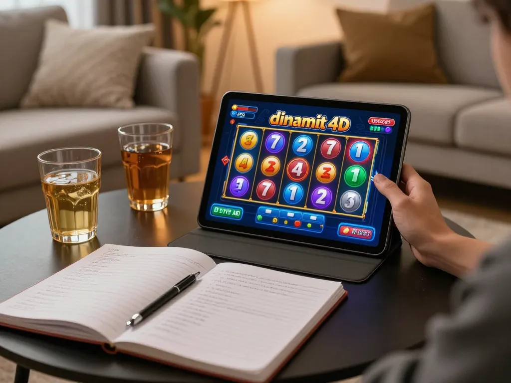 Engaged player enjoying dinamit4d slots on a tablet in a cozy home gaming setup.