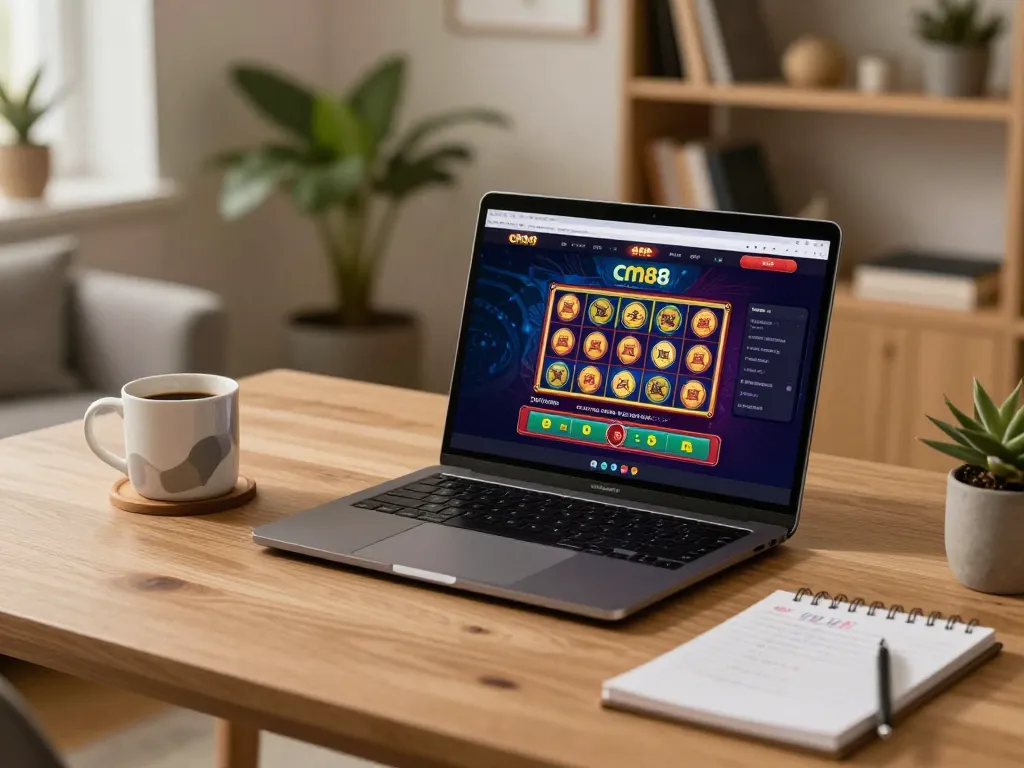 Engaging in cm88 online gambling with a laptop showcasing exciting casino games in a cozy home office