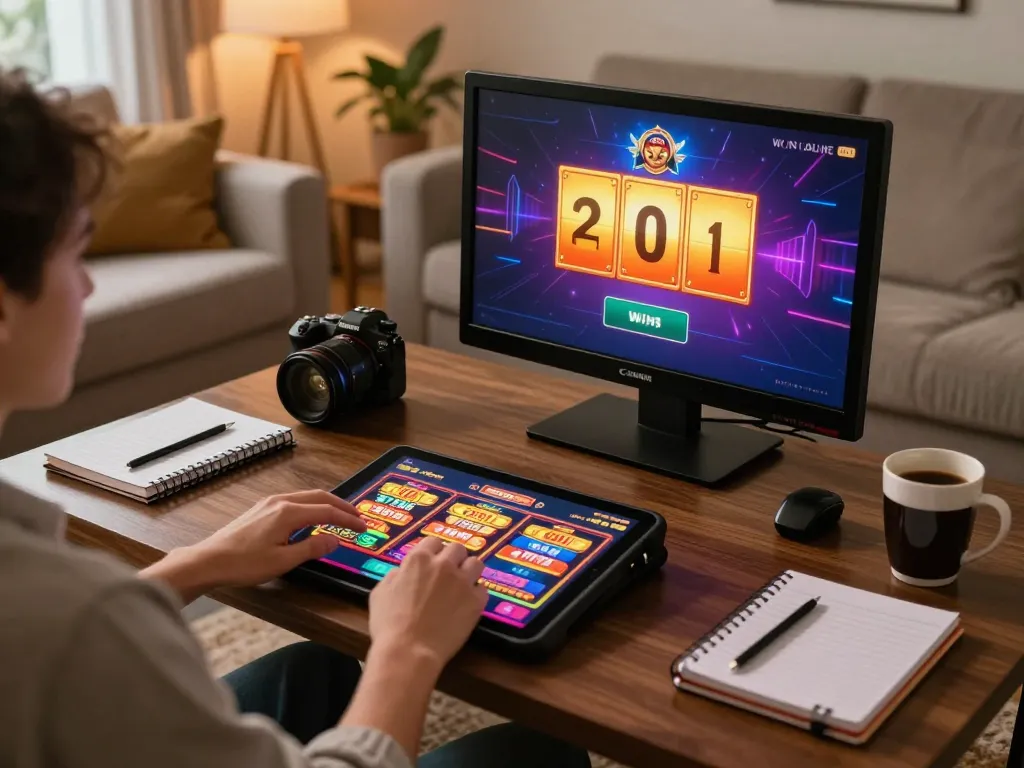 Sunwin user enjoying an online slot game on tablet in a cozy home setup, showcasing vibrant graphics and strategic gaming elements.