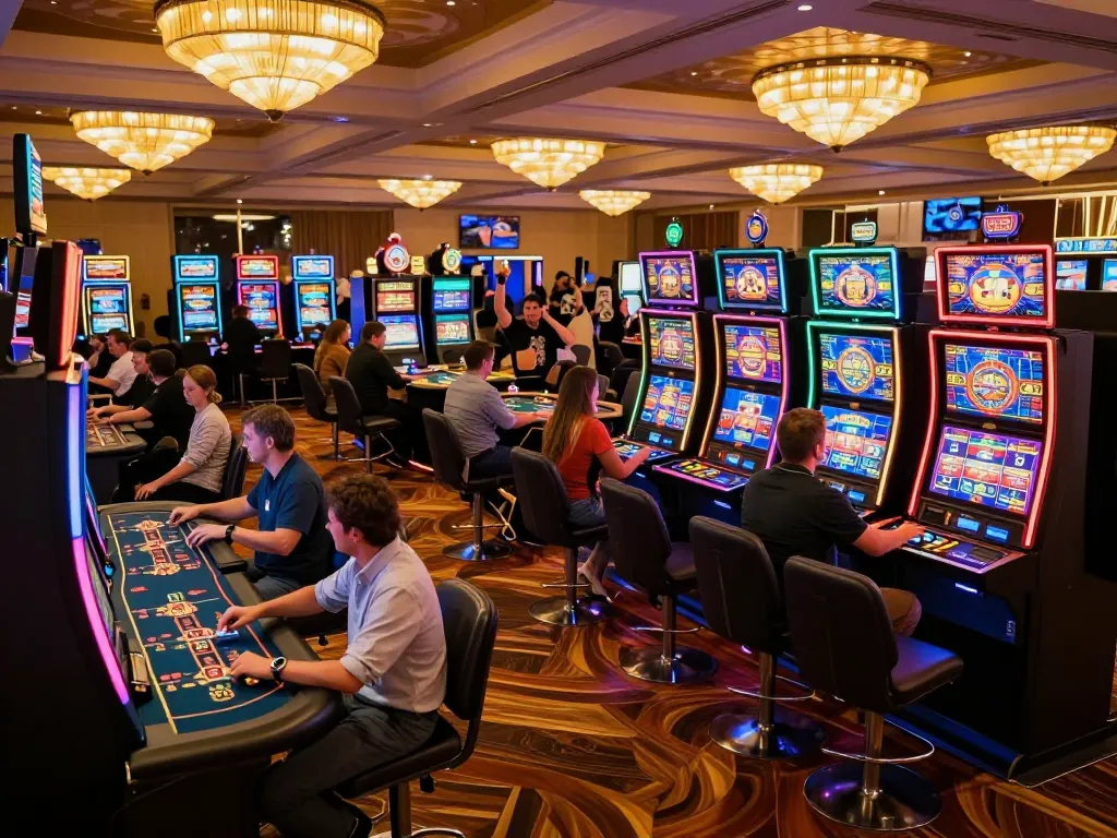 Players engaging with slot machines at https://rr88co.net/, enjoying exciting spins and vibrant atmosphere.