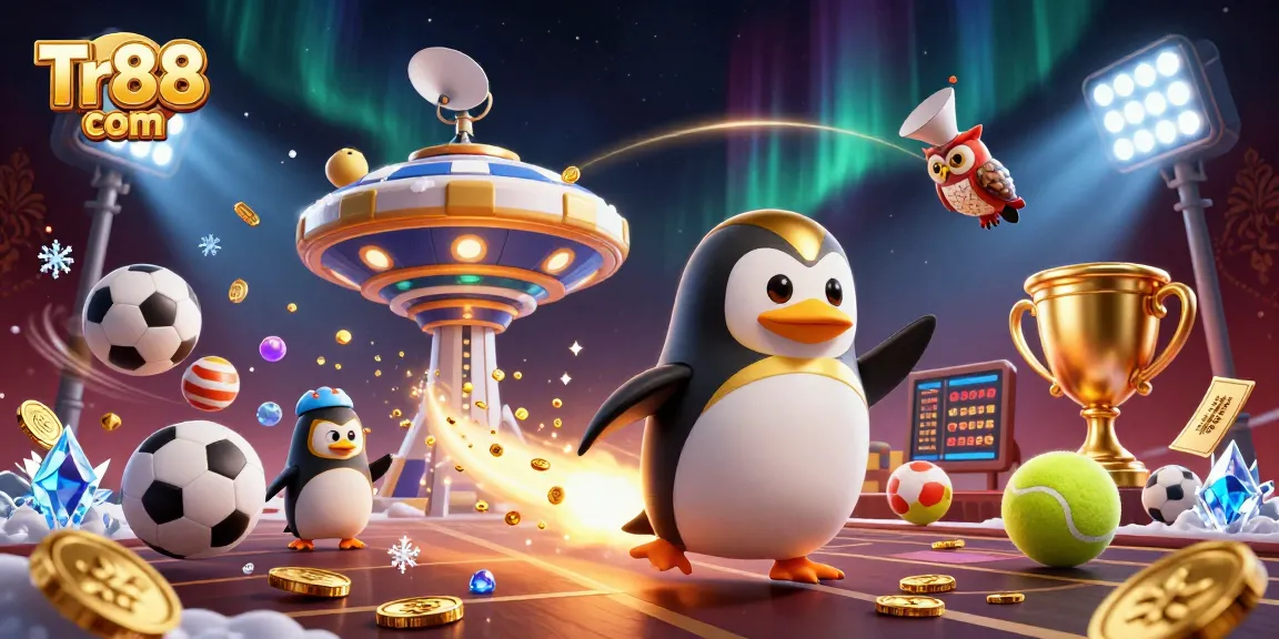 Bet big with Tr88 com as a golden penguin and casino space station collide in this vibrant 3D illustration.