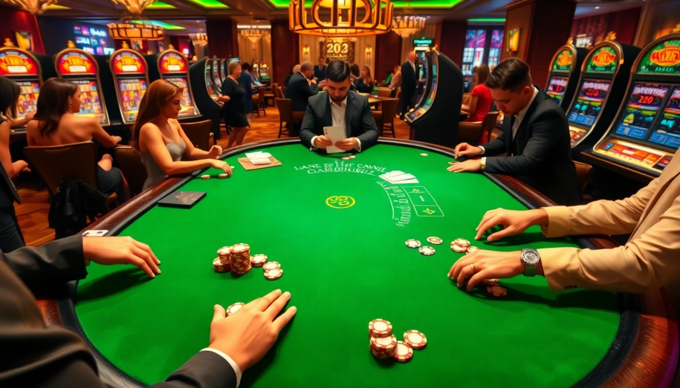 Permainan blackjack yang menarik di kasino 33win68 dengan pengunjung bergaya dan suasana yang cerah.