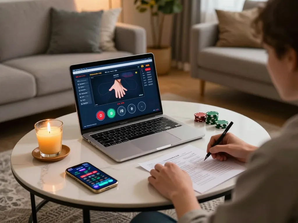 IWIN68 player focusing on online poker strategy in a cozy home setting with laptop and notes.