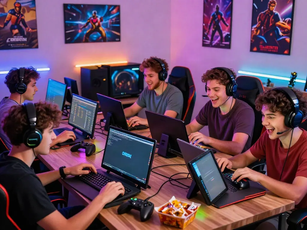 Friends enjoying ORION88 mobile gaming in a vibrant environment.
