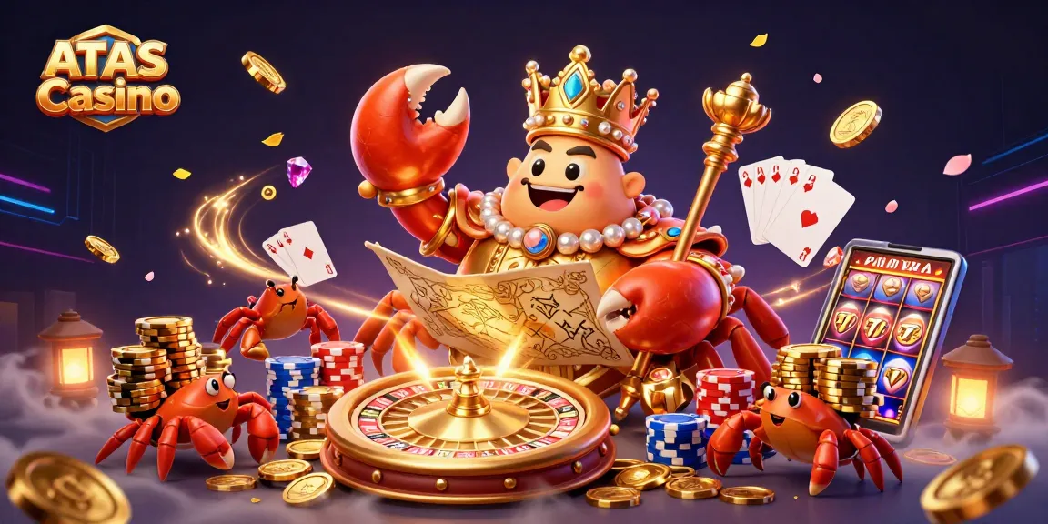 Engage in dynamic gaming at ATAS Casino with a vibrant 3D illustration showcasing exciting games and lavish rewards.