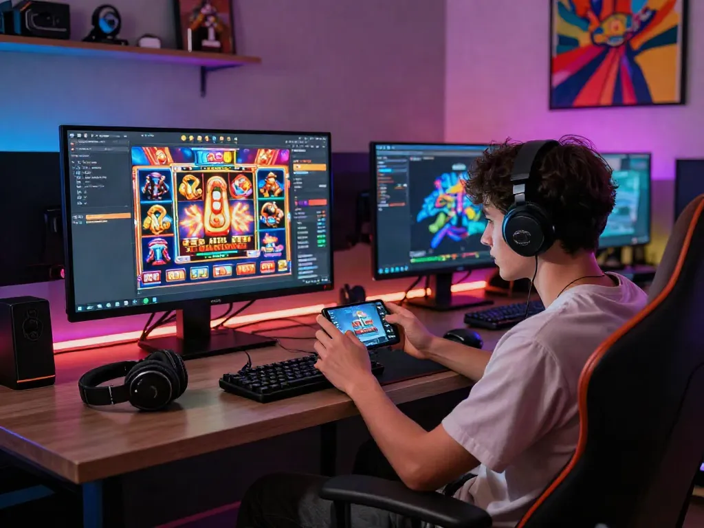 Engaged player enjoying A80 online gaming on mobile device in vibrant room.