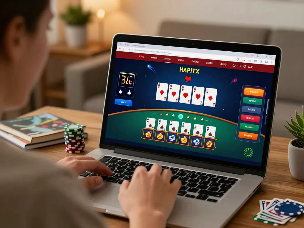 Player enjoying online blackjack on their laptop in a cozy home, featuring official botanicabali branding on the screen.