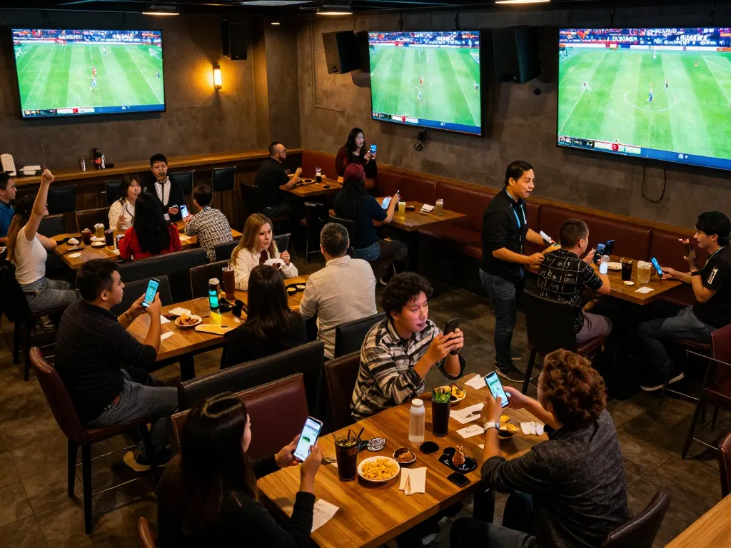 Cakhia fans intensely following live football action in a busy sports bar, cheering together.