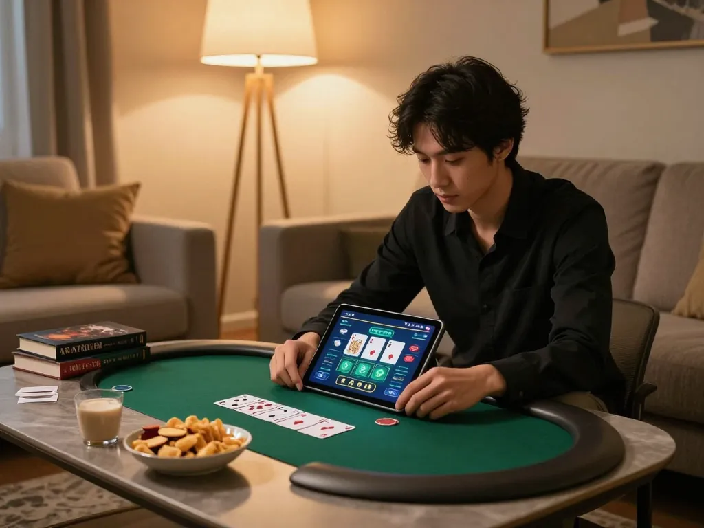 68win player immersed in online poker strategy at home, creating a cozy gaming atmosphere