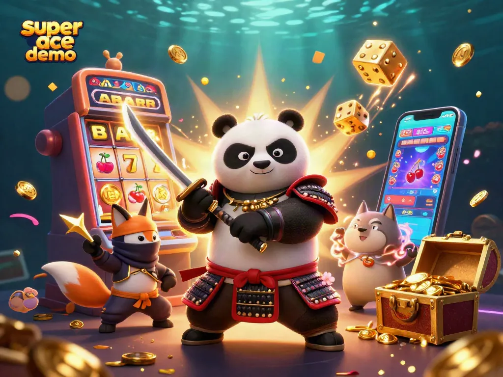 Spin and win with the super ace demo featuring animated samurai panda and ninja fox!