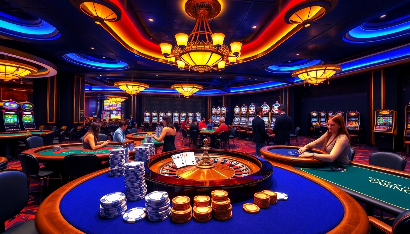 Players enjoying thrilling casino games at j88 with vibrant tables and slot machines.