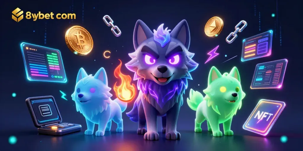 Play thrilling games at 8xbet com with a vibrant 3D casino scene featuring ghost wolves and crypto elements.